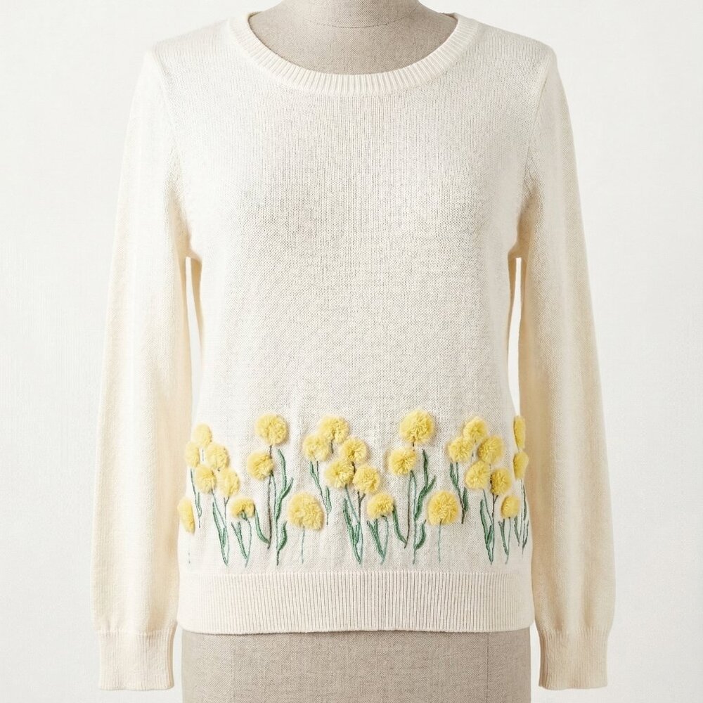 Talbots Ivory Dandelion Yellow Pom Pom Floral Sweater L